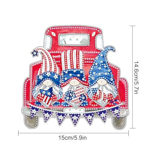 Image of AiYuanzsh Red Car Gnome Diamond Painting Hanging Kit, 5D DIY Acrylic Special Shaped Diamond Art Pendant Ornament with Chain, Independence Day Wall or Door Decor, July 4th Crystal Art Kit for Adults