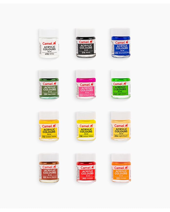 Image of Camel Fabrica Acrylic Colours Set | 12 Shades x 10ml | Rich Pigment, Smooth Finish | Ideal for Canvas, Paper, Wood & Craft Work