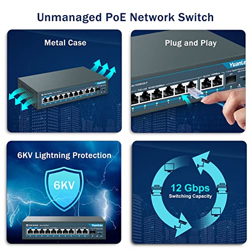 Image of YuanLey 8 Port Gigabit PoE Switch with 2 Gigabit Uplink, 8 PoE+ Port 1000Mbps, 1 SFP Port, 120W 802.3af /at, Metal, Qos, Unmanaged Plug and Play AI Smart Detection Ethernet Switch