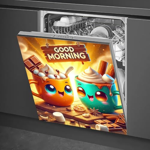 Image of HOMETITUTE Good Morning Magnetic Dishwasher Cover 23x26 Inch Cartoon Cup Cocoa Marshmallow Panel Sticker for Kitchen Fridge Door Appliance Magnet Decorative Breakfast Theme Wrap