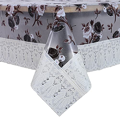 Image of Heart Home Rose Design Waterproof Dining Table Cover|Tabletop for Home Decoration with Cream Lace Border, 60X90 inch (Cream)