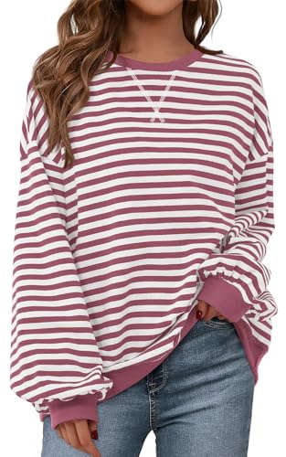 Image of PRETTYGARDEN Womens Striped Oversized Sweatshirt Color Block Crew Neck Long Sleeve Casual Loose Pullover Top Y2K Clothes