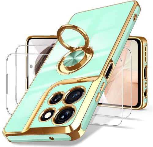 Dretal for Motorola G 5G 2025 Case, Moto G 5G 2025 Case,2X Screen Protector, 360° Rotatable Ring Holder Magnetic Kickstand,Plated Gold Edge Slim Soft TPU Protective Cover (Mint)
