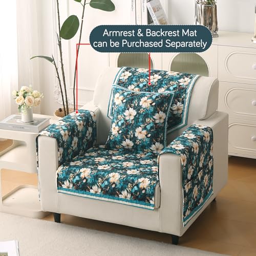 Image of HOKIPO 'Florentina Series' Premium Holland Velvet Sofa Cover Mat for 1 Seater Sofa with Foam Filling for Extra Softness, Anti-Slip Backing, Pansies Teal (IN-878-V5*1)