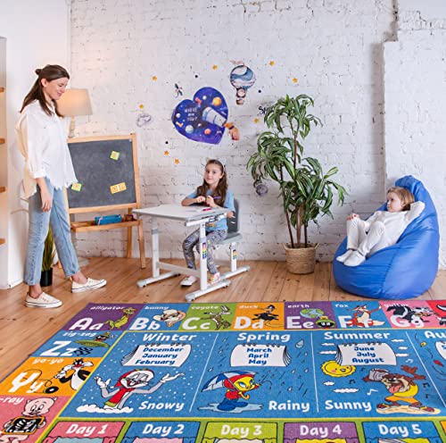 Image of Looney Tunes Educational 5x7' Kids Rug – ABC Alphabet, Seasons, Months & Days Learning Mat – Soft Interactive Carpet for Classroom, Playroom & Bedroom