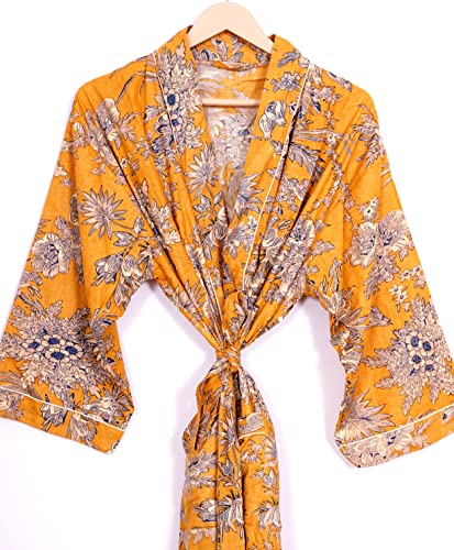 Image of Pure 100% Cotton Robe For Womens Bathrobe Dressing Gown Long sleepwear Free Size Kimono