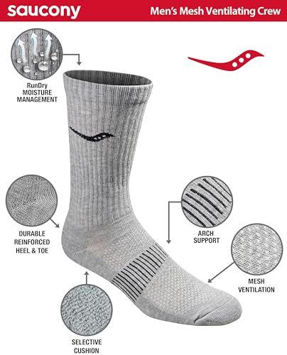Image of Saucony Men's RunDry Mesh Ventilating Comfort Fit Performance Crew Socks, Available in L-XL (3, 6, 12 Pairs)