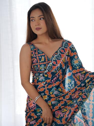 Image of Panzora Women's Chinon Printed Saree With Unstitched Blouse Piece