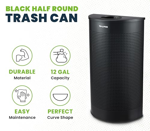 Image of Alpine Half Round Trash Can Open Top - Modern Black Metal 12 Gallon Half Moon, Space Saving Indoor Commercial Trash Cans with Lid, Narrow Garbage Can for Bathroom, Office, Lobby and Business.