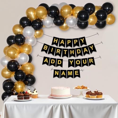 Image of Party Propz Latex, Cradstock Happy Birthday Banner - 115 Pcs Birthday Kit For Decoration, Balloons, Customized Birthday Banner With Name & Balloon Arch (Black, Gold, White)