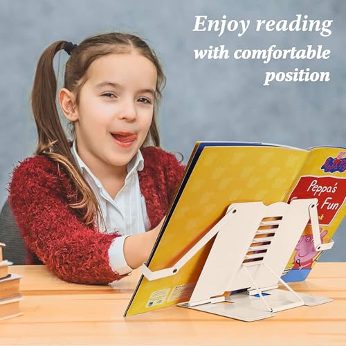 Image of Volo Book Stand Holder - Portable Metal Desktop Adjustable Foldable Cookbook Holder,Recipe Book Holder,Textbook Stand,Music Stand,Book Stands & Holders for Reading (Off-White)