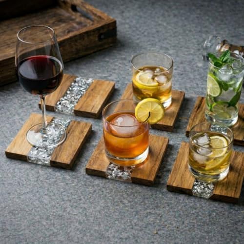 Image of Coaster Set of 4 for Dining Table - Premium Wooden Coasters with Silver Foil Resin Design - Tea, Coffee & Glass Drink Coasters - Luxury Table Coasters for Office Desk, Kitchen & Home Decor