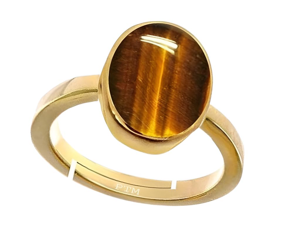 PTM Natural Tiger Eye 3.25 To 10.25 Ratti or 3.00 To 9.50 Carat Astrological Certified Gemstone Panchdhatu/5 Metals Gold Plated Adjustable Ring for Men Women