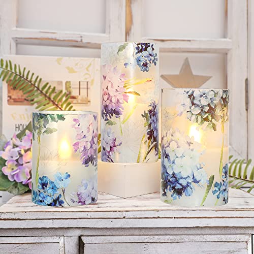 Gorge Moment Flameless Candles Flicker With Remote, Dim Blue Violet Hydrangea Spring Summer Theme Decorative Glass Decor For Wedding Date Proposal Easter Dinner Table Home Mother's Day Gift For Lover #TOP7
