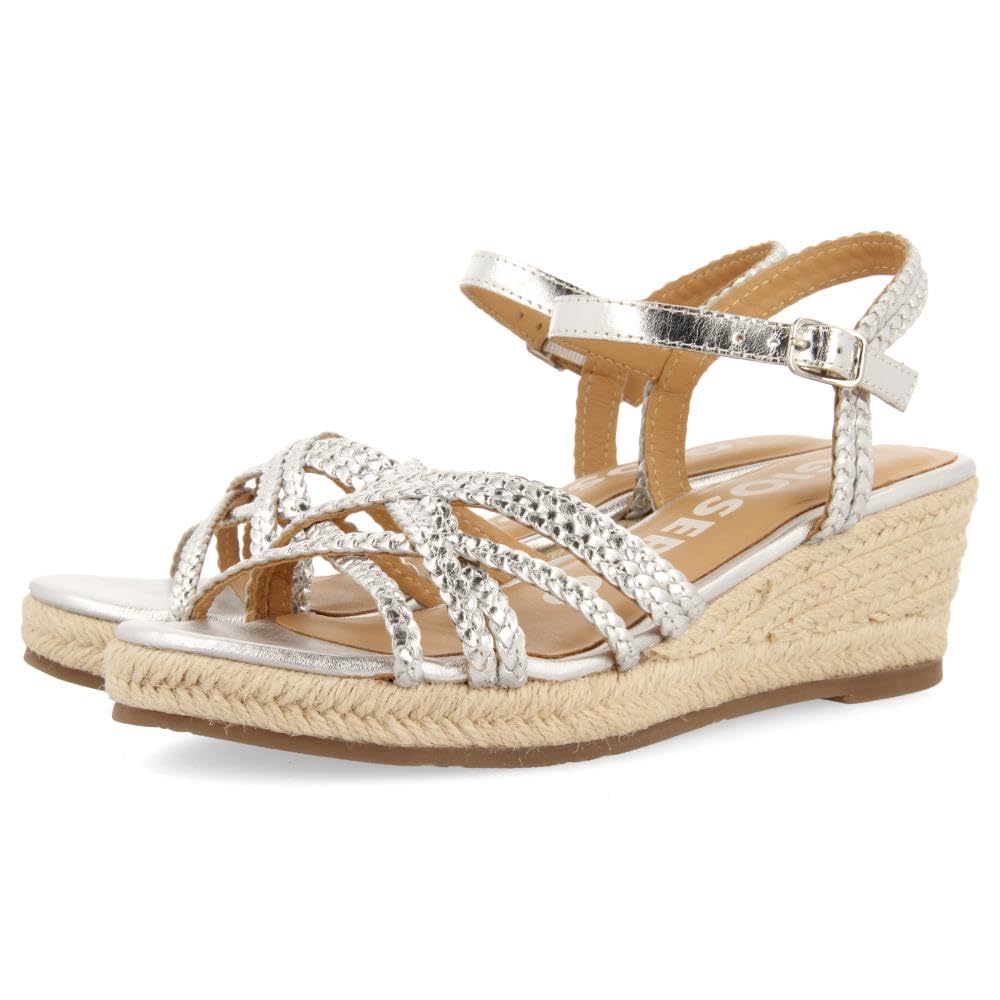 GIOSEPPO LELANT WOMEN'S GOLD LEATHER SANDALS WITH JUTE WEDGE, metallic silver, 5 UK