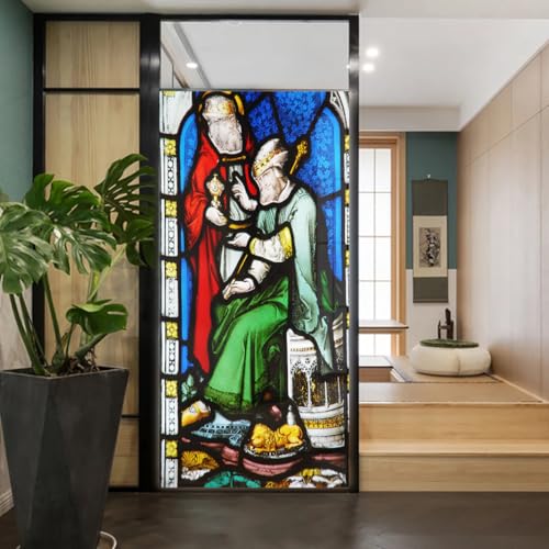 Church Style Stained Glass Window Film Decorative Privacy Non Adhesive Window Stickers for Home Office J8 40x100cm(15.7