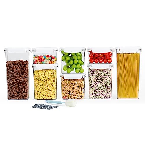 Crystal Clear Airtight Food Storage Containers with Lids, Plastic Canister Set for Kitchen Organization and Storage, for Flour, Sugar, Cereal, Rice, BPA Free Plastic 8-Pack with Different Sizes White