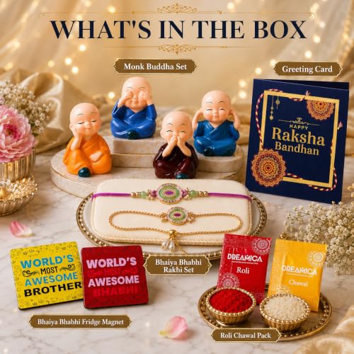 Image of Dreamica Designer Bhaiya Bhabhi Rakhi Set, Monk Buddha Showpiece Set,2 Fridge Magnet, Greeting Card and Tilak Set | Best Rakhi Gift for Brother