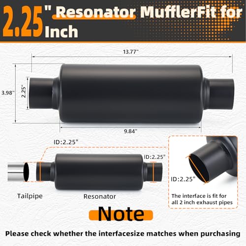 Image of A-KARCK 2.25 inch Inlet Exhaust Resonator, 2.25 inch Inlet 2.25 inch Outlet 13.8 inch Overall Length Muffler Resonator Stainless Steel,Polished (Black)