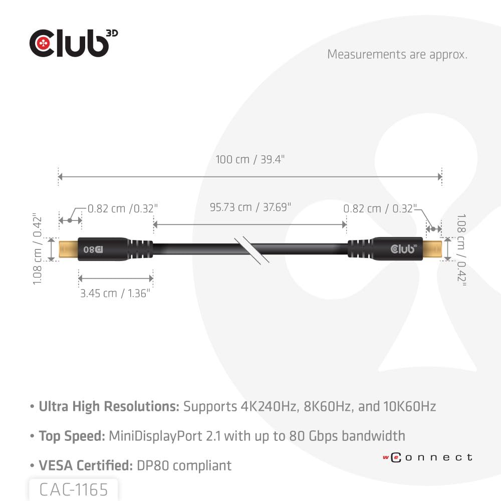 Club 3D MINIDISPLAYPORT to MINIDISPLAYPORT DP80BIDIRECTIONAL VESA Certified Cable 1M/3.28 FT - Kabel