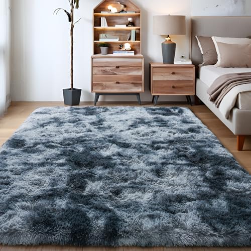 KING DARE 5x7 Rugs for Bedroom, Shaggy Plush Fuzzy Non-Slip Soft Fluffy Carpet Washable for Living Room Dorm Playroom Kids Room, Modern Home Decor Aesthetic, Blue and Grey