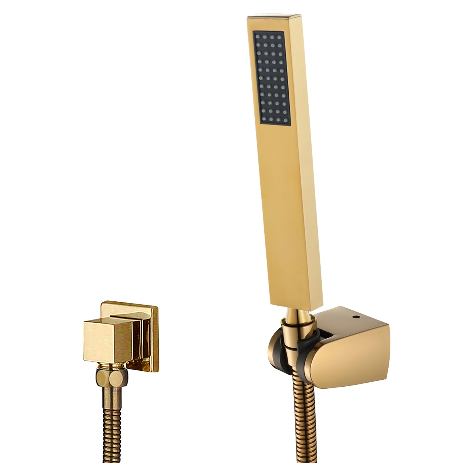Pommeau de douche grand jet carré en laiton or rose et flexible inox haute pression