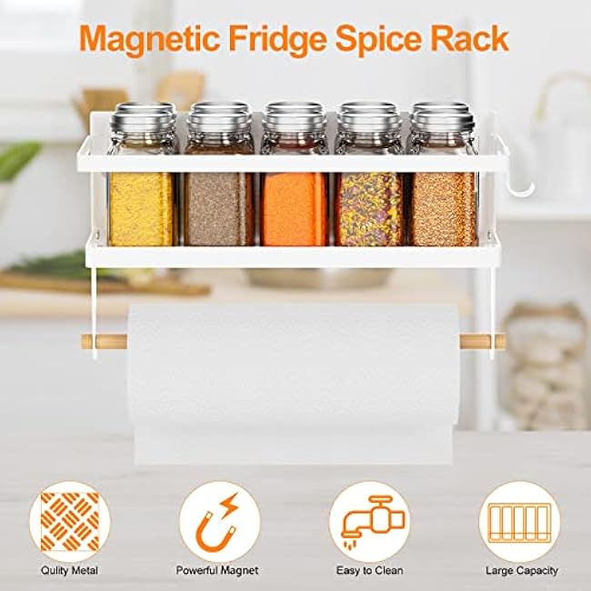 Spice Rack Magnetic Shelf with Paper Towel Holder Roll and Hooks, Foldable Refrigerator Magnetic Spice Holder, Seasoning Organizer Hanging Spice Storage Stand, White