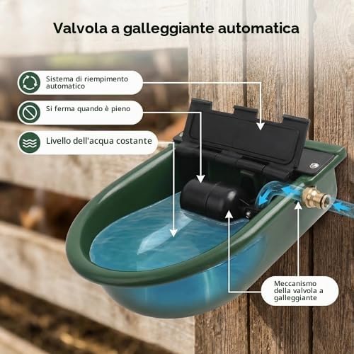 Abbeveratoio per Bestiame con Valvola a Galleggiante Automatica, capacità 4 Litri, Verde, per Cavalli, Bovini e Ovini, con Tubo da Giardino Standard, 26,5 X 28 Cm