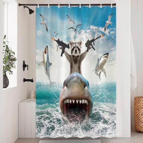 Image of TOMOZ Funny Animal Shower Curtain, Cool Raccoon Riding Shark Theme Ocean Shower Curtain for Bathroom, Fun Nautical Fabric Bath Curtain with 12 Hooks 48 x 70Inch