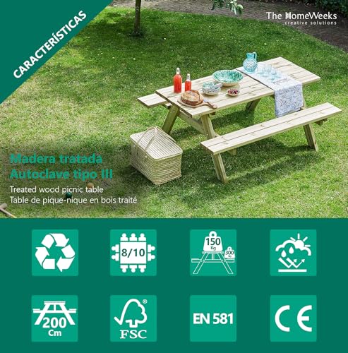 Miniatura 5 de The Homeweeks Mesa Picnic Jardín Madera Tratada En Autoclave Strong 200 Con 2 Bancos Abatibles 198x154x74 Cm 8 10 Adultos Espesor 42 Mm Normativa En581 Fsc