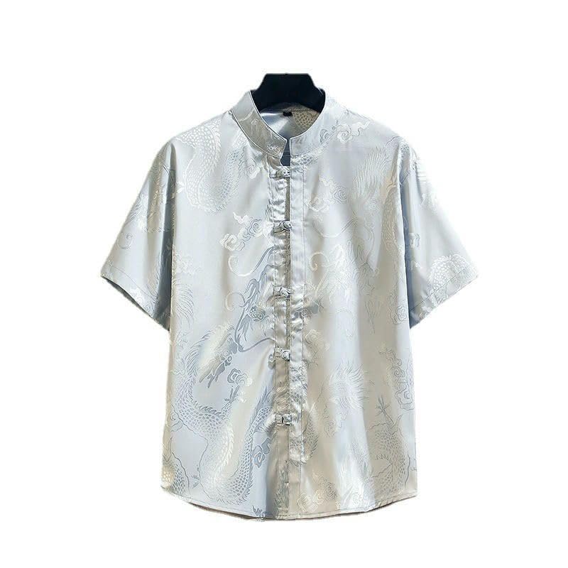 Chemise col montant style chinois rétro ample pour hommes à manches courtes - 5