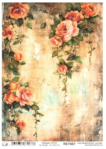 Josys Bastelmärchen Reispapier DIN A4 Strohseide Decoupage Vintage Shabby Blumen Rosen RE7067