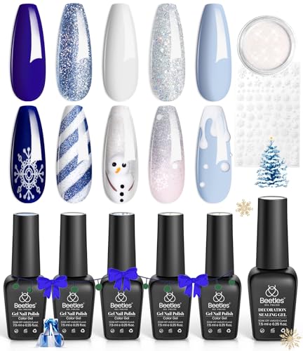 Image of Beetles Summer Gel Nail Polish Set 5 Winter Colors Dark Blue Glitter White Light Blue Silver Gel Polish with Sealing Gel Sugar Dust Powder Nail Sticker UV LED Needed Gifts for Women Sparkling Snow
