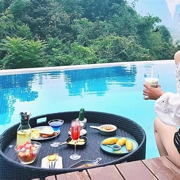 Floating Pool Tray - Round Floating Serving Tray - Swimming Pool Floats For Pool Parties - Breakfast Tray On The Water - Rattan Woven Serving Tray (60cm)