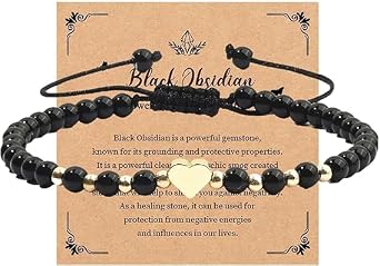 Obsidian Bracelet,Protection Bracelet Women,Healing Gemstone Beaded Bracelets with Gold Heart Pendant,Adjustable Crystal Bracelets,Jewelry Gifts for Girlfriend,Mother's Birthday,Valentine's Day