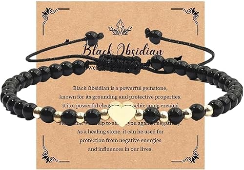 Image of Elmsley Bead Bracelet,Black Obsidian Bracelet with Gold Heart Charm,Healing Bracelets for Women,Black Crystal Handmade Bracelets forGirlfriend,Mum,Daily Wear,Meditation,Healing & Protection