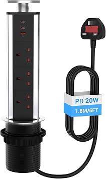 Pop Up Socket Pull Pop Up Electrical Plug Socket with 2 Type-C & 1 USB Charging Ports 3 Plug Extension Desk Power for Kitchen Worktops Home Office, Sliver