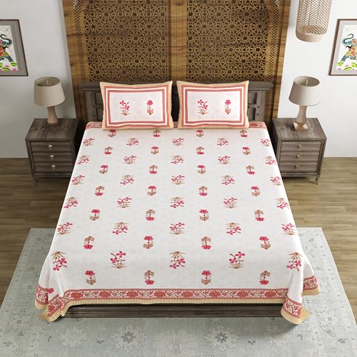 Image of BLOCKS OF INDIA Hand Block Printed 200 TC Cotton King Size Bedsheet (Pink Peach Flower)