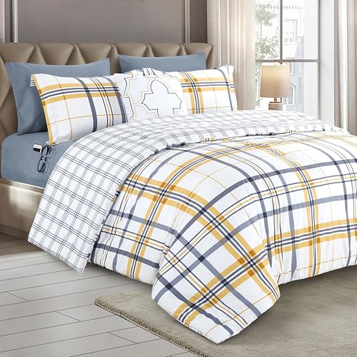 Image of Elegant Comfort 8-Piece Lodge Plaid Reversible Comforter Set - All Season Bed in a Bag, 4-Piece Sheet Set Featuring Smart Pockets, Matching Shams and Decorative Pillow, Full /Queen, Gold