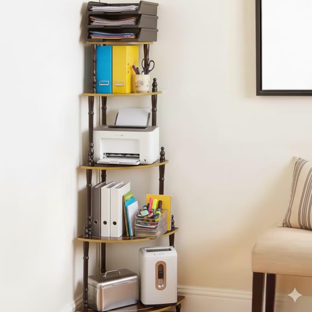 APEROL DESIGN 5 Shelve Wooden Corner, Floor Standing, Brown Finish/Shelf Living Room Corner Bedroom, Multipurpose/Corner Rack/Wooden Shelf