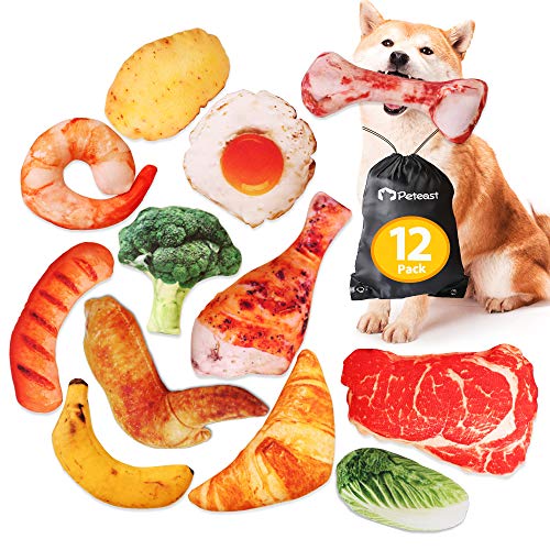 Peteast Dog Squeaky Toys, Plush Dog Toy Pack, Stuffed Puppy Chew Toys 12 Dog Toys Bulk with Squeakers, Soft Food Shape Pet Toy for Small Medium Dogs