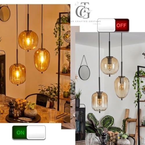 Image of Decorative Glass Pendant Lights|Perfect for Kitchen, Dining Room, Cafe or Living Room Lighting|Set of 3 Elegant Ribbed Amber-Glass Shades