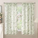 Lajode Sage Green Curtains for Bedroom Sheer, Spring Leaf Vines Patterned Farmhouse Light Filtering Semi Sheer Linen Curtains for Living Room 63 Inch Length 2 Panels Rod Pocket, Each 52 Inch Wide