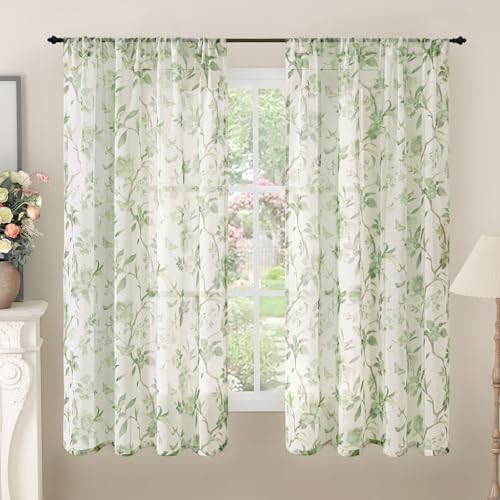 Lajode Green Floral Sheer Curtains for Nursery Room - 52x63 Inch 2 Panels
