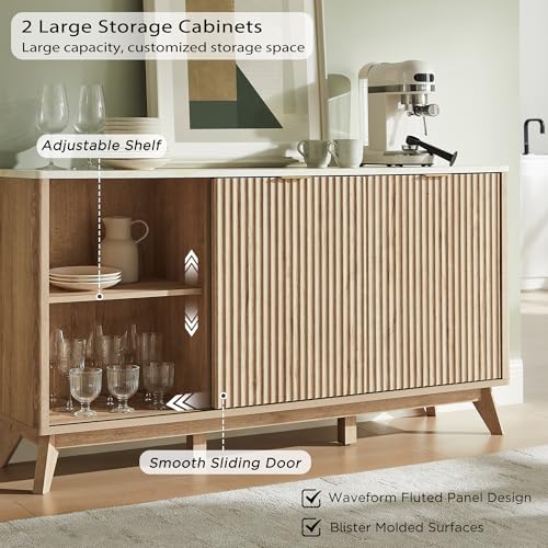 T4TREAM Fluted Buffet Cabinet, 60" Modern Sideboard with Sliding Doors & 4 Drawers, Coffee Bar Table with Storage, Faux Marble Top and Curved Profile Design for Dining Room, Living Room, Natural Oak - Image 6