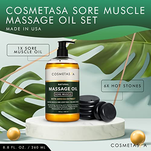 Cosmetasa Sore Muscle Massage Oil With Massage Hot Stones - Soothes Muscle And Joint With Arnica Extract, Peppermint, Chamomile, And Lavender Oil #TOP1