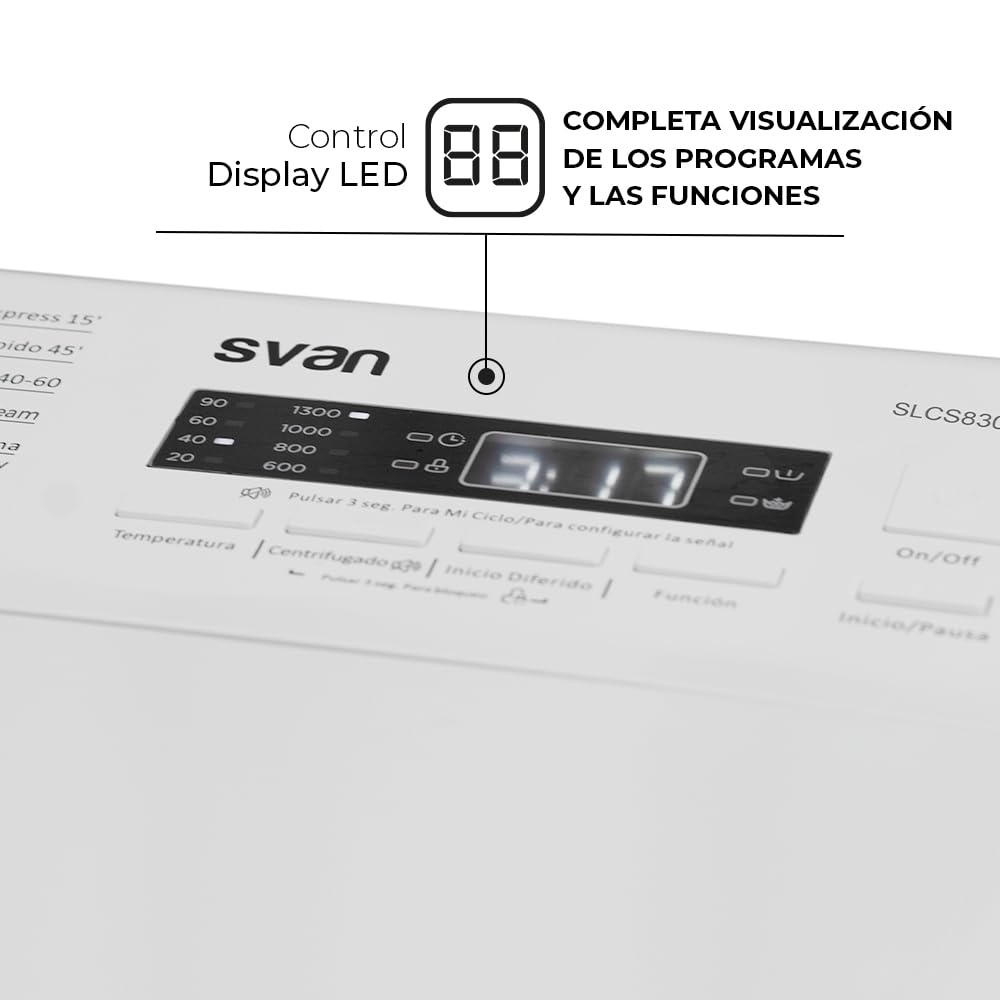 Svan Lavadora 8Kg Carga Superior Blanco SLCS8301AI. 1900W, 1300rpm, Motor Inverter, 16 Programas, Función Stop&Go, Clase de Eficiencia Energética A