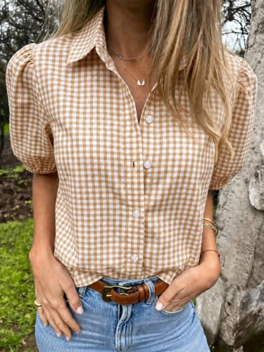 Image of Tankaneo Women's Button Down Shirts Short Puff Sleeve Collared Dressy Casual Blouse Tops