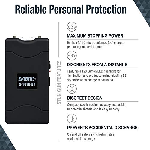 Sabre Stun Gun With Led Flashlight, Painful 1.160 Μc Charge, 120 Lumens, Get Multiple Uses With Rechargeable Battery, Easy To Use Safety Switch, Includes Belt Holster, Self Defense For Women And Men #TOP1