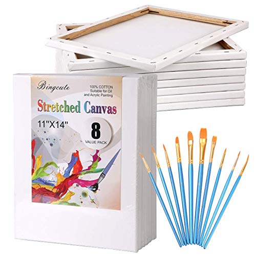 Canvas Boards for Painting 11x14, Pre Stretched Canvas Blank White Value Pack of 8 Primed Canvases Panels 5/8\" Thick 100% Cotton for Acrylics Oil Painting with 10pcs Brushes for Adults Kids